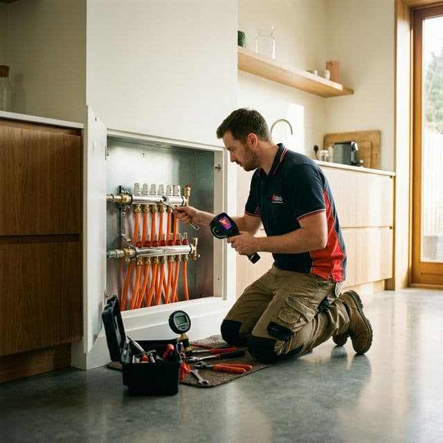 Técnico realizando mantenimiento de sistemas radiantes